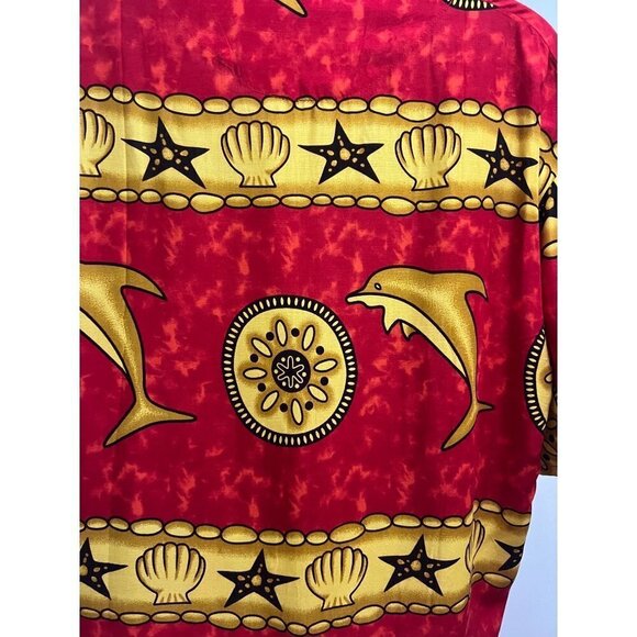 Mens Vintage Red Gold Dolphins Button Front Shirt XL Pocket Seashells Starfish - Picture 5 of 6